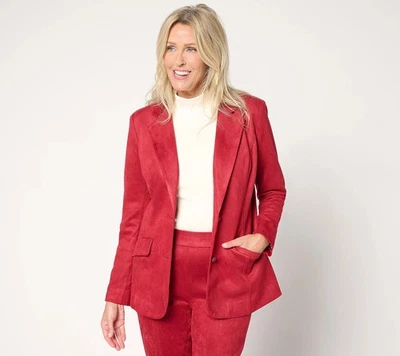 Isaac Mizrahi Live! Regular Estate Stretch Faux Suede Blazer with Lining Rio Red - Image 1 of 4