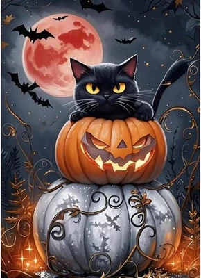 Kits de pintura artística de diamantes de calabaza 5D para adultos, gatos, puntos de diamantes de Halloween, luna Foto 1 de 4