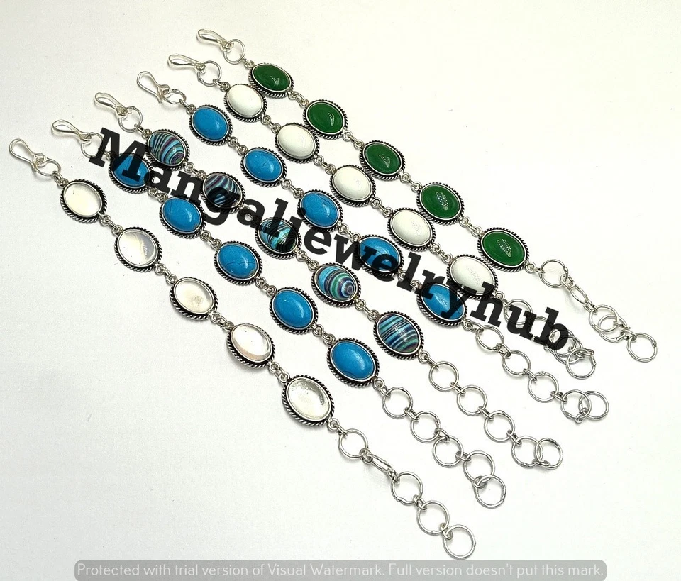 Green Onyx & Mix Gemstone Chain Bracelets 925 Sterling Silver Plated Lot Jewelry - Image 1 of 4