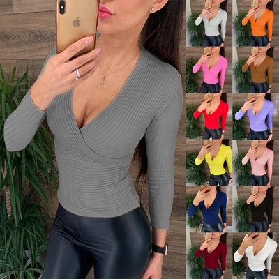 sEXY Womens Jumper RIBBED Knit V-Neck Wrap Tops Stretchy Long Sleee TEE Shirts - Image 1 of 4