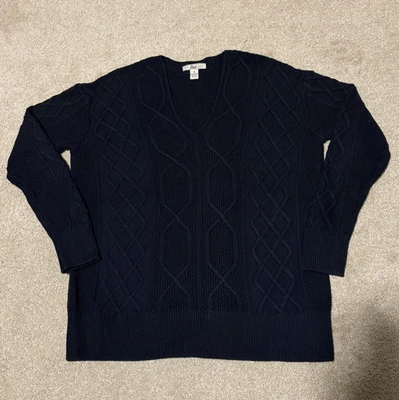 Bass Womens Diamond Cable Knit V-Neck Sweater Black Cotton Preppy, Sz M - Image 1 of 4