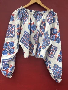 La Double J Top Large White Red Blue Paisley Print Peasant Shirt - Picture 1 of 6