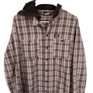 VANS Hooded Shirt M Men Gray Surf Check Plaid Snap Collared Button Up Y2k 00s M - Picture 1 of 24
