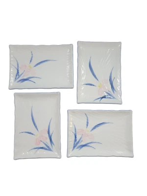 4 сервировочные тарелки для закусок прямоугольные с ручной росписью синий розовый восточный цветочный узор - Изображение 1 из 4