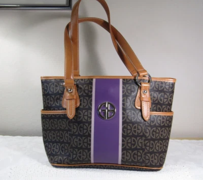 Bolsa tote/bolsa grande com logotipo listrado roxo/rosa assinatura Giani Bernini – Excelente estado usado - Imagem 1 de 4