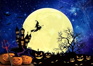 7X5FT Halloween Backdrop Horror Moon Night Scary Cemetery Pumpkin Lantern Bac... - Picture 1 of 7