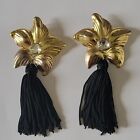 4+" Gold Tone Petals Leaves White Lucite Stone Tassel Statement Post Earrings