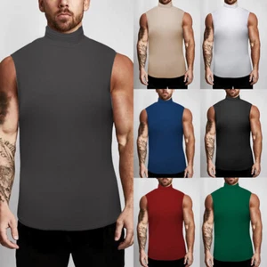 Men's Sleeveless Turtleneck Tee Solid Tank T Shirt Thermal Pullover Top Slim Fit - Picture 1 of 23