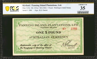 Kiribati / Fanning Island One Pound (Australian) ND (1942) SB-1541a1 PCGS VF 35 - Image 1 of 2