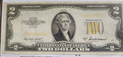 $2 dollar 1963 A yellow seal us Legal tender Star Replacement - Image 1 of 2