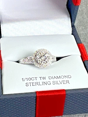 ANILLO HALO PLATA ESTERLINA .925 DIAMANTE GENUINO NUEVO 1/10CTW HERMOSO TALLA 7 Foto 1 de 4