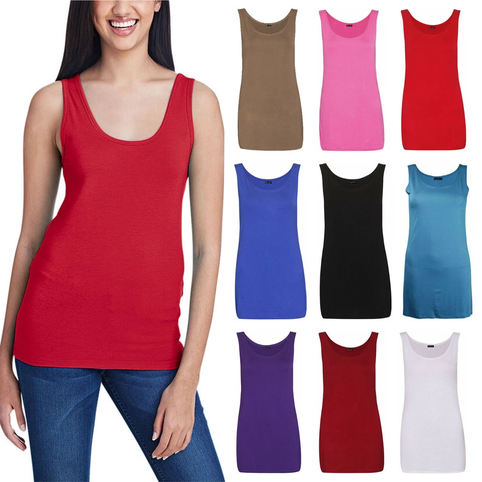Womens Scoop Neck Sleeveless Ladies Long Stretch Plain Vest Strappy T-Shirt Top - Image 1 of 1