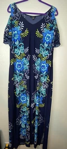 MSK Blue Floral Maxi Dress XL Black With Multicolor Open Shoulder Over Swimsuit - Picture 1 of 9