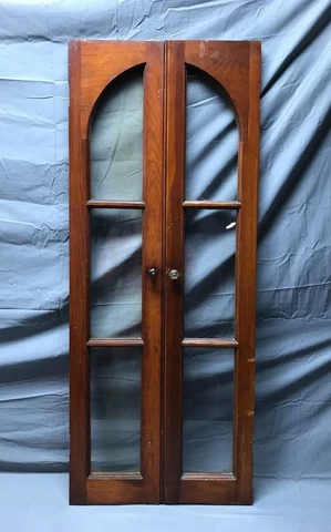 Pair Antique 3 Lite Arched Glass Cabinet Cupboard Window Doors VTG 9x44 911-22B Cover
