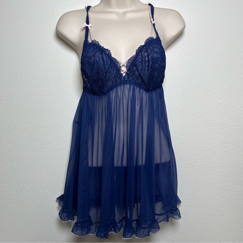 UNDERCOVER Abito donna Y2K Victoria Secret babydoll slip cami blu medio trasparente stringato