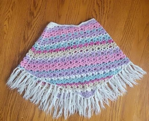 Handmade Crochet Girl Multicolor Pastel Spring Poncho Easter Vtg Size 3-5 - Picture 1 of 8