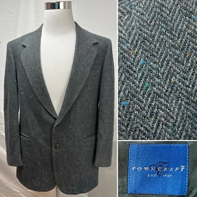 Towncraft Men's 42R Tweed Wool Gray Herringbone Flecked Vintage Blazer Jacket - Image 1 of 4