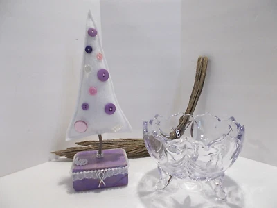 Purple / Lilac Glass Footed Bowl and Folk Art Tabletop Fabric Christmas Tree - Image 1 of 4
