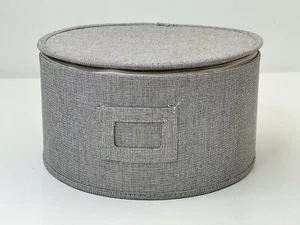 Grey Twill Hard Shell Round Storage Container China Plates Zipper 12 W 6.5 H - Picture 1 of 6
