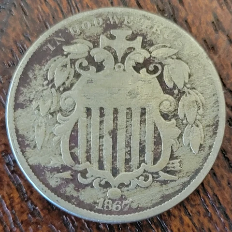 1867 Shield Nickel, With Rays cleaned Cover