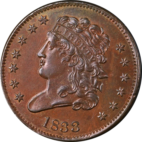1833 Half Cent Choice BU+ C-1 R.1 Superb Eye Appeal Strong Strike Cover