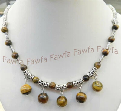 NOVO LINDO COLAR DE CONTAS REDONDAS DE OLHO DE TIGRE NATURAL E COLAR DE PRATA TIBETANA 18" - Imagem 1 de 4