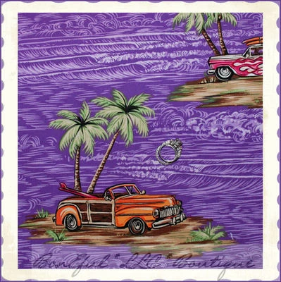 Tecido BonEful Algodão Roxo Cênico Verão Praia Madeira Carro Antigo Surf VTG SCRAP - Imagem 1 de 4