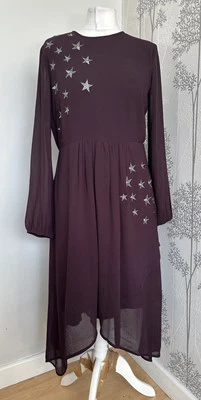 Mint Velvet Purple Silver Star Embroidered Floaty Sheer Dress Size Uk 12 - Image 1 of 4