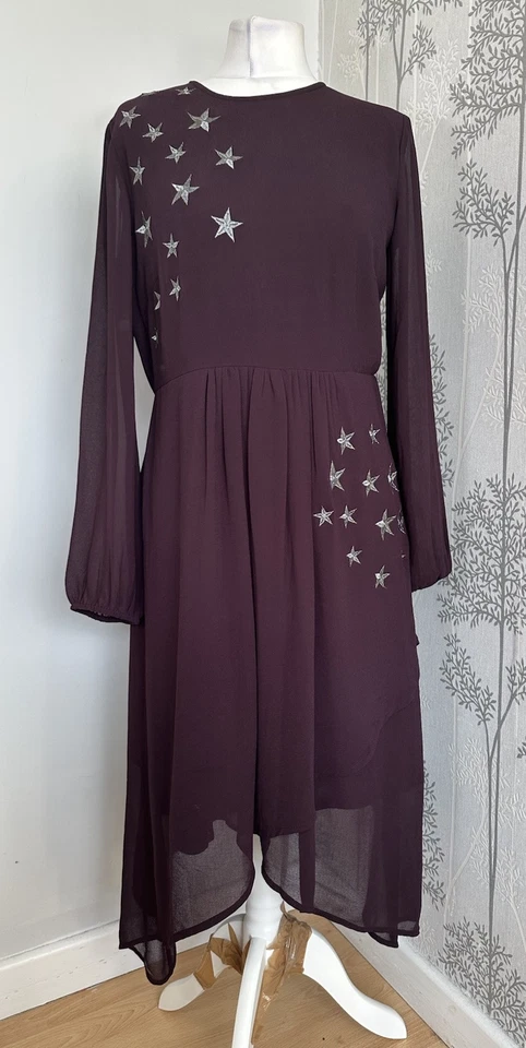 Mint Velvet Purple Silver Star Embroidered Floaty Sheer Dress Size Uk 12 - Image 1 of 4