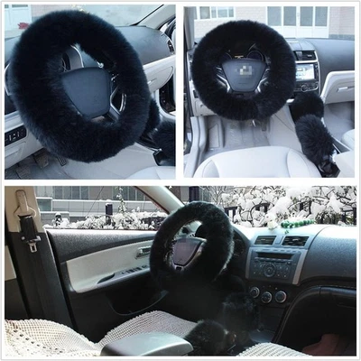Long Plush Fluffy Natural Wool Car Steering Wheel Hand Brake Gear Knob Cover - Image 1 of 4