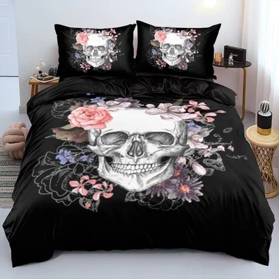 Juego de funda nórdica clásica calavera y rosas tamaño queen gótico calavera juego de cama S... Foto 1 de 4