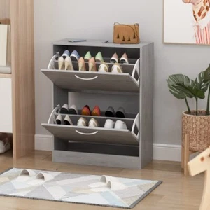 Grey Wood 12-Pair Shoe Storage Cabinet W/ 2 Fold Drawers Modern Contemporary - Picture 1 of 4