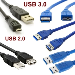 USB Extension Male Female Micro Cable Data Charging Lead v2.0 v3.0 All Types USB - Picture 1 of 17