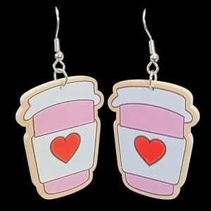 Valentines Day Earrings Coffee Cup Pink Red White Dangle Gift for Her Jewelry - Picture 1 of 3