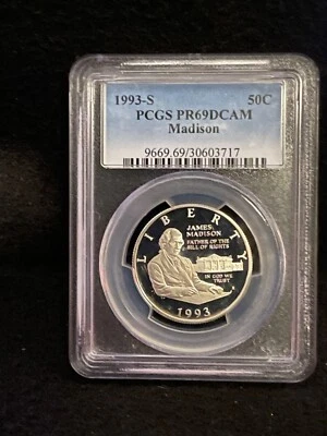 1993-S  50C JAMES MADISON SILVER COMMEM HALF DOLLAR PCGS PR69 DCAM  - Image 1 of 2