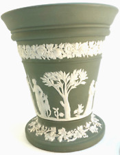Vintage Wedgwood Green Jasperware 5" Vase With Flower Frog