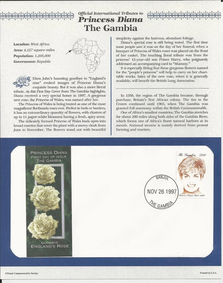 LA GAMBIA, PRINCESA DIANA MEMORIAL Primer Día Cubierta (2040) Foto 1 de 1