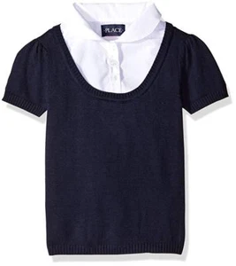 Girls' Short Sleeve Faux Layered Uniform Sweater, Tidal, XS - Picture 1 of 1