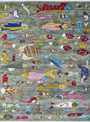 Alfombra de lana con diseño de peces multicolor anudada a mano gris moderna 8X10 | Hecha a mano Foto 1 de 4