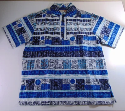 Vintage Iolani Mens Hawaiian Pullover Tunic Shirt M Blue Barkcloth 1970s NWOT - Image 1 of 4