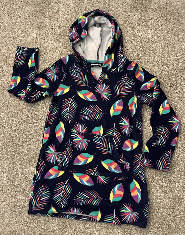 Cubierta de natación con capucha hojas de plumas azules Lands End talla M 6X-7 para niña Foto 1 de 4
