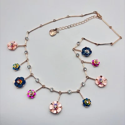 Betsey Johnson Flower Crystal Station Necklace Rose Gold Tone Dangle Charms - Image 1 of 4
