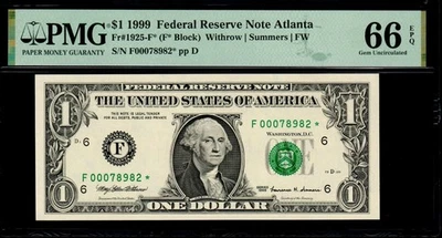 1999 $1 ATLANTA STAR NOTE PMG 66 EPQ 640K Print Run Fr 1925-F* Gem Uncirculated - Image 1 of 2