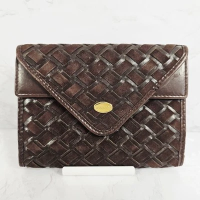 Auténtica billetera BALLY unisex marrón oscuro gamuza tejida doble pliegue dorada Foto 1 de 4
