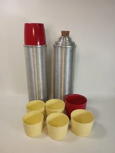 2 Vintage Thermos 2484 ribbed aluminum 7 nesting cups cork vacuum bottle MCM 50s - Bild 1 von 16