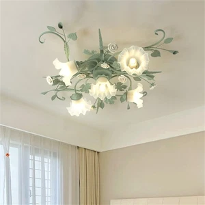 Modern Macaron Green 5 Lights Semi Flush Mount Light Art Ceramic Rose Chandelier - Picture 1 of 10