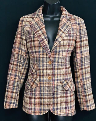 Chaqueta blazer vintage años 70 marrón a cuadros lana, tostado Foto 1 de 4