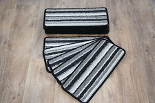 14 Striped Open Plan Carpet Stair Treads Black / Sliver Pads! 14 Large Pads!
