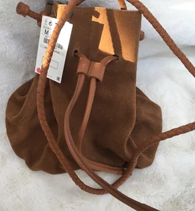 ZARA women’s brown real suede LEATHER BUCKET STYLE BAG DRAWSTRING BNWT - Picture 1 of 18