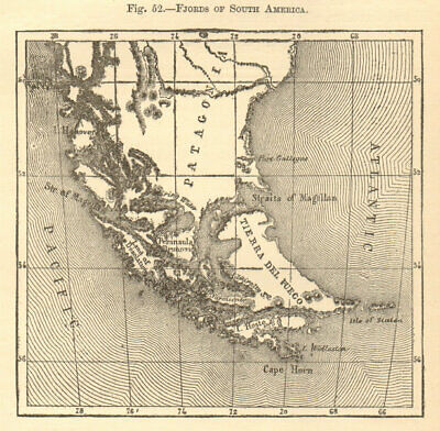 Fjords Of South America. Tierra Del Fuego Patagonia. Sketch Map 1886 Old • 8.99£